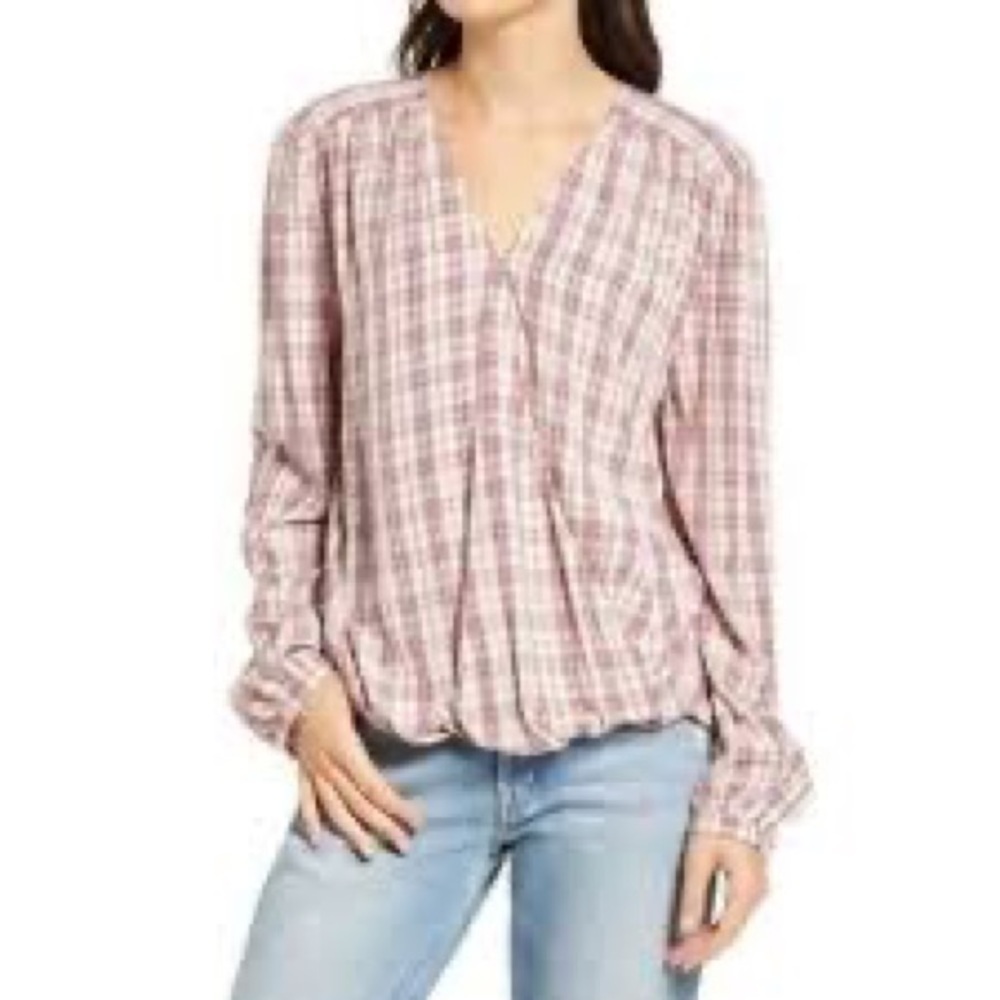 122- Treasure & Bond NWT Red Plaid Wrap Long-Sleeve Top, Size XS